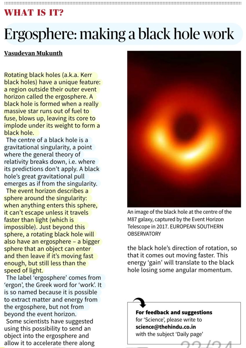 imRavikantYadav's tweet photo. What is it?
'Ergosphere: Making a Black Hole work'
Details: Abt Black Hole, Ergosphere & More..
#Blackholes #Ergosphere
#KerrBlackholes
#GravitationalSingularity
#Matter #energy #ergon #work
#UPSC
Source: TH https://t.co/drpDhW8KRU