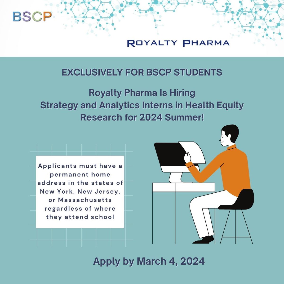 Royalty Pharma has summer internships exclusively for BSCP students!  Apply today to be the Strategy and Analytics Intern in Health Equity Research starting on June 3.  This is a paid opportunity.  Apply by March 4.  

Full details can be found here: buff.ly/3HG4qrc