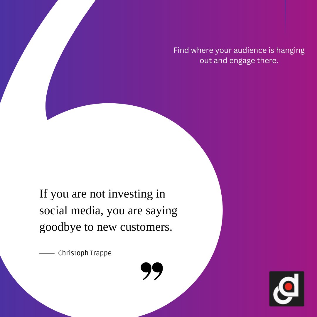 Decograph's tweet photo. 🎯 "If you are not investing in social media, you are saying goodbye to new customers." - Christoph Trappe
🧐 Find where your audience is hanging out and engage there. 👋 An inactive social profile means missed connections!
#TargetedAudience #SocialMediaStrategy #EngagementIsKey https://t.co/YHiwaNZKE0