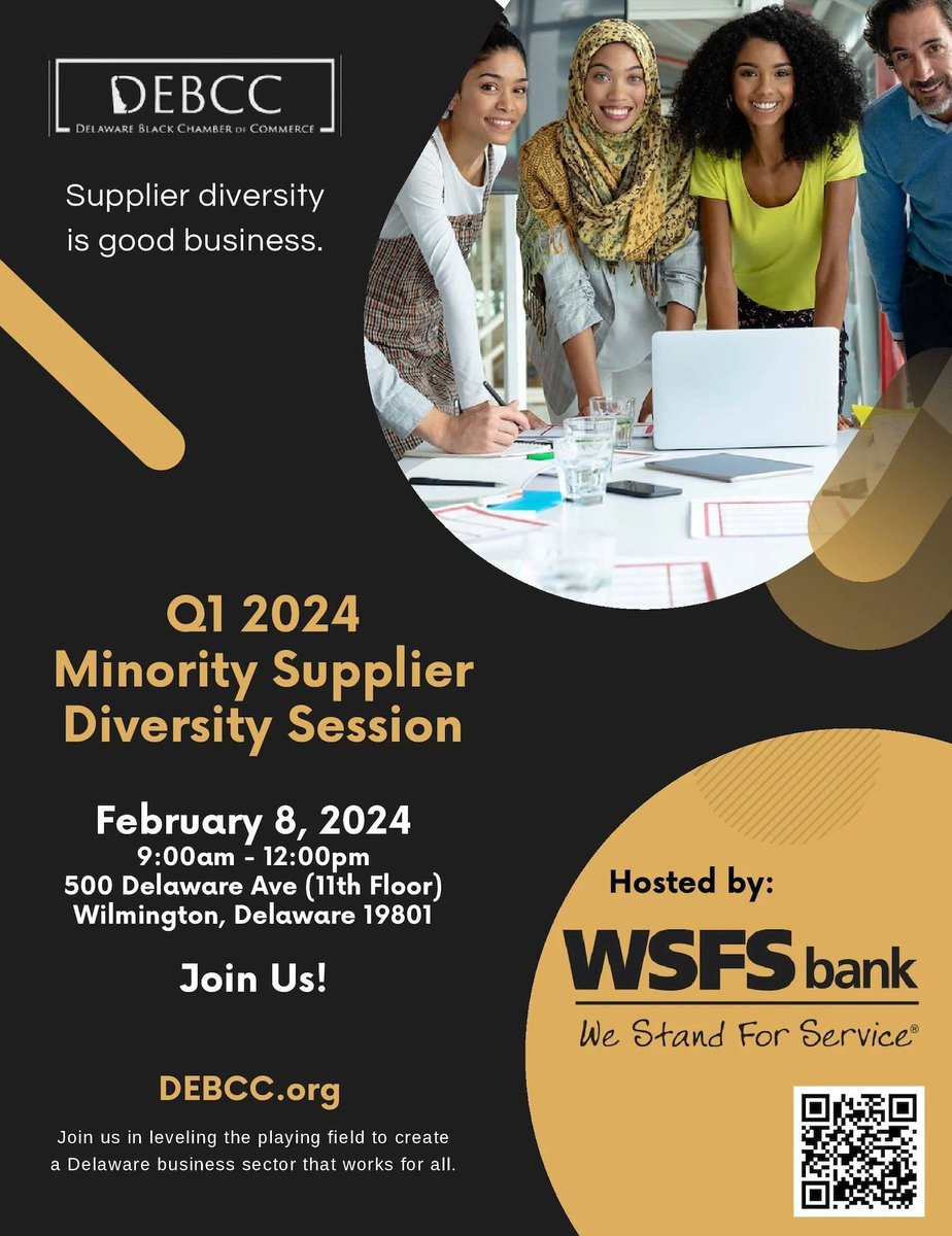 Register and join the Deleware Black Chamber of Commerce for the Q1 Supplier Diversity Session Event at WSFS Bank! 🗓️ Date: Thursday, Feb 8, 2024 🕘 Time: 9 AM - 12 PM 📍Location: WSFS Bank, 11th floor, 500 Delaware Ave., Wilmington, DE Register today: buff.ly/49fyqG1