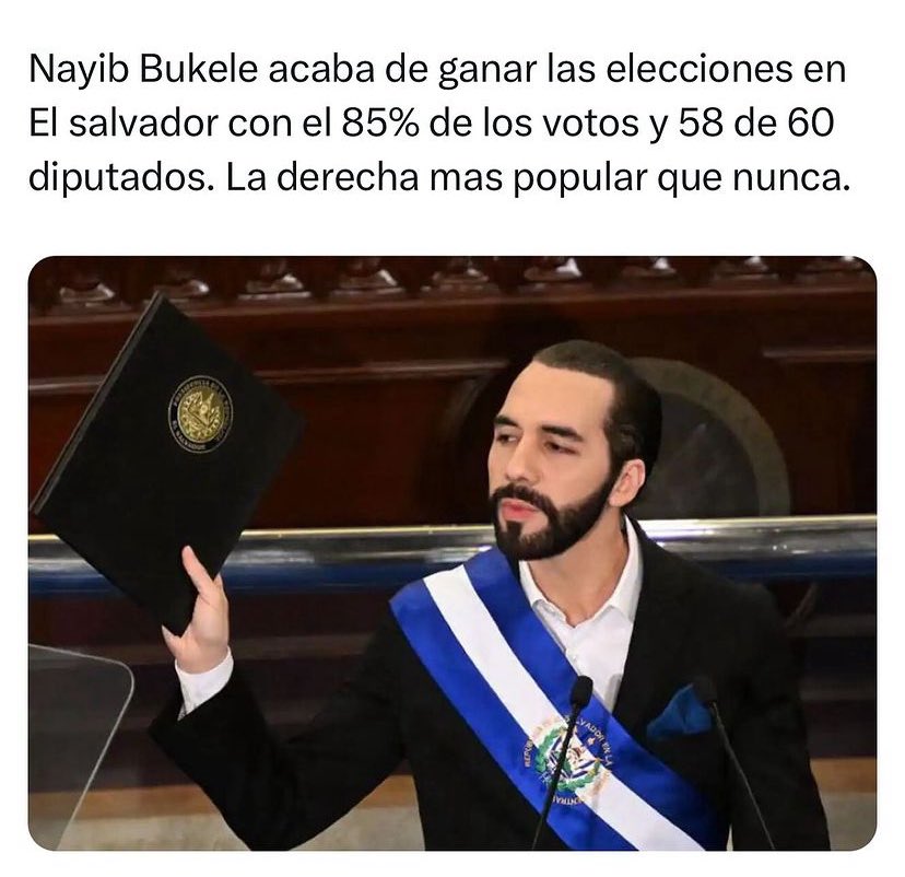 Marividaurreta's tweet photo. Los que odian el arrasador éxito de Bukelé reelecto como presidente por el 85% de su país, son los mismos que apoyan a los dictadores comunistas de izquierda, atornillados en el poder de sus países. https://t.co/uv5cZC54tO