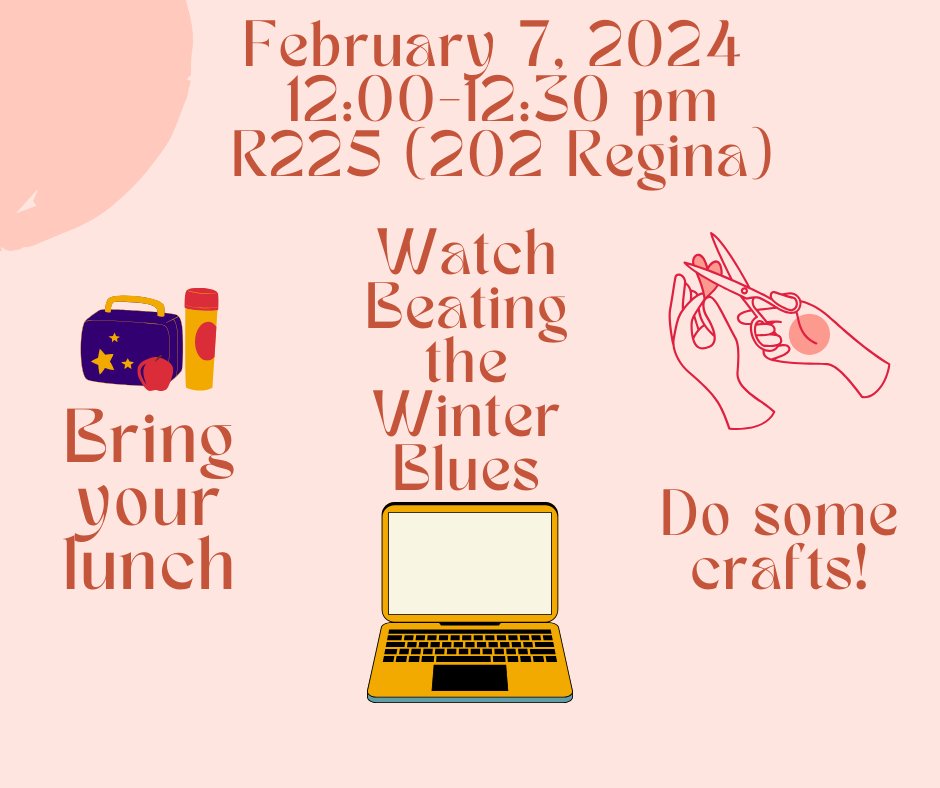 Laurier Careers (@lauriercareers) on Twitter photo Are the winter blues getting you down? Feeling crafty? <a href="/Laurier/">Wilfrid Laurier University</a> staff and faculty come lunch, learn and craft!
Join our Health and Abilities team on February 7, 2024 from 12:00-12:30 in R225 (202 Regina) to watch Beating the Winter Blues Presented by Kii by CloudMD Are the winter blues getting you down? Feeling crafty? <a href="/Laurier/">Wilfrid Laurier University</a> staff and faculty come lunch, learn and craft!
Join our Health and Abilities team on February 7, 2024 from 12:00-12:30 in R225 (202 Regina) to watch Beating the Winter Blues Presented by Kii by CloudMD
