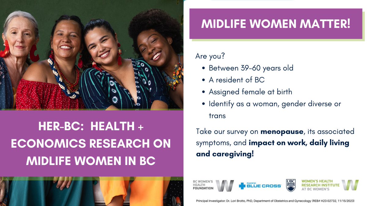 Are you a #MidlifeWoman in BC who is experiencing/has experienced #Menopause? @WomensResearch is recruiting for an online survey on #MenopauseSymptoms and their impact to daily life, work and caregiving.  Click here for more info and for the survey link!➡️ whri.org/our-initiative…
