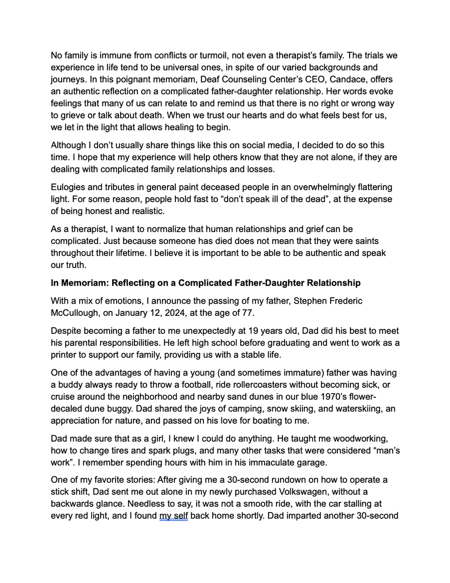 deafcounseling's tweet photo. In Memoriam: Reflecting on a Complicated Father-Daughter Relationship by CEO Dr. McCullough #StephenMcCullough #abuseofpower #siblingrivarly #infidelity #reconnection #forgiveness https://t.co/XRG5re6TuH