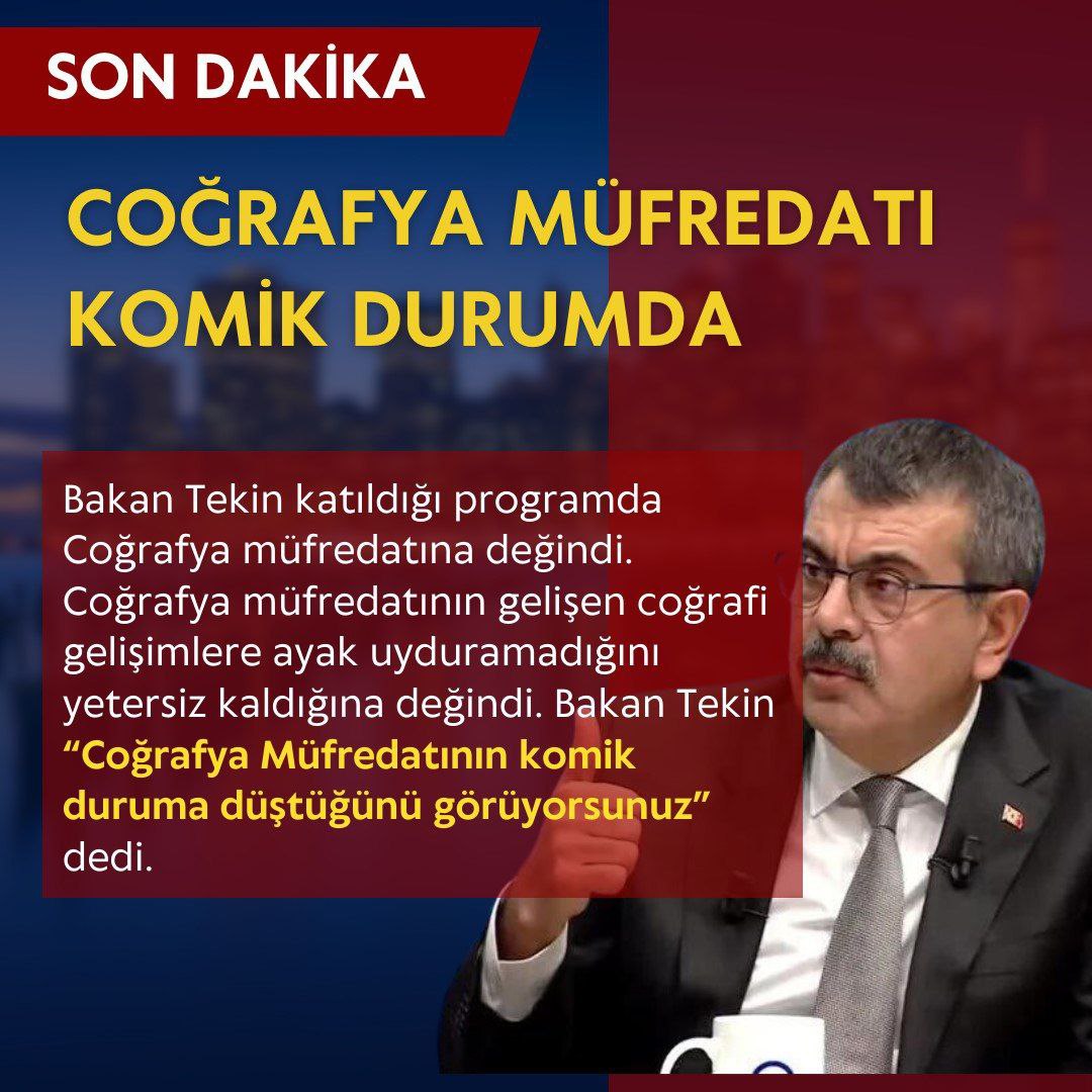 Sayın bakanım bunu sadece siz değil herkes görüyor biliyor söylüyor. Depremden sonra bütün kanallarda coğrafya dersinin tekrar zorunlu olması ve ders saatinin arttırılması için binlerce çağrı yapıldı uzmanlar tarafından ama değişen bişey yok. <a href="/Yusuf__Tekin/">Yusuf Tekin</a> 
#6ŞubatCoğrafyaŞart