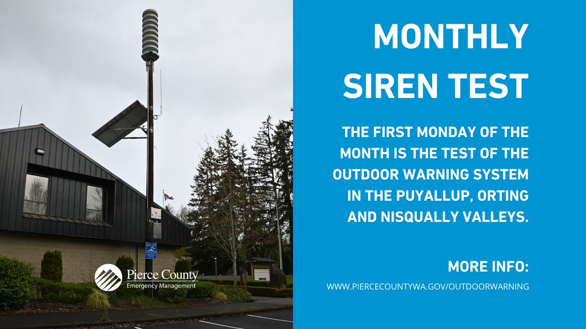PierceCo's tweet photo. The Outdoor Warning System test is at noon today. During an emergency a siren would sound until the emergency ended. 
This is one part of the county's emergency notifications. Another is PC ALERT: get texts, calls or emails about emergency events. Sign up: https://t.co/MXEZrwhRtf https://t.co/8p7Hb2NKWA