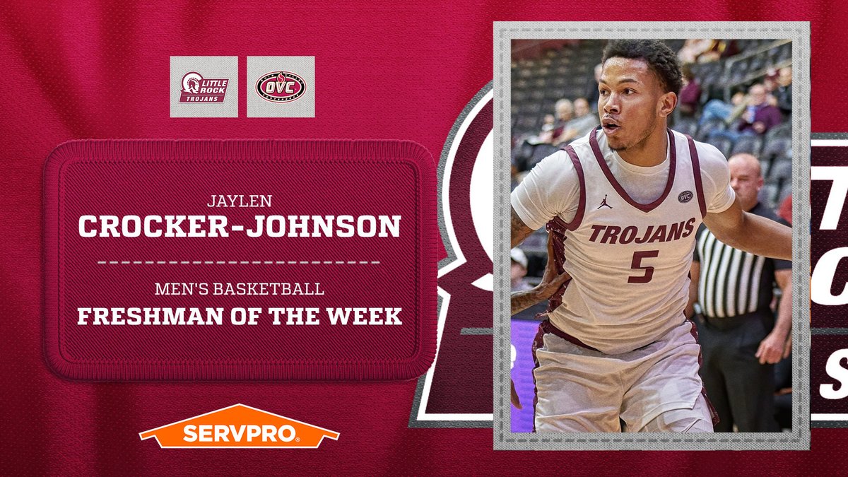 𝗢𝗩𝗖 𝗠𝗲𝗻'𝘀 𝗕𝗮𝘀𝗸𝗲𝘁𝗯𝗮𝗹𝗹 🏀 𝗙𝗿𝗲𝘀𝗵𝗺𝗮𝗻 𝗼𝗳 𝘁𝗵𝗲 𝗪𝗲𝗲𝗸 @LittleRockMBB forward Jaylen Crocker-Johnson (@Jcrock_5) • Averaged 11.0 points, 9.0 rebounds & 5.0 assists/game; had 13 rebounds in win at EIU #OVCit | #LittleRocksTeam | Presented by @SERVPRO