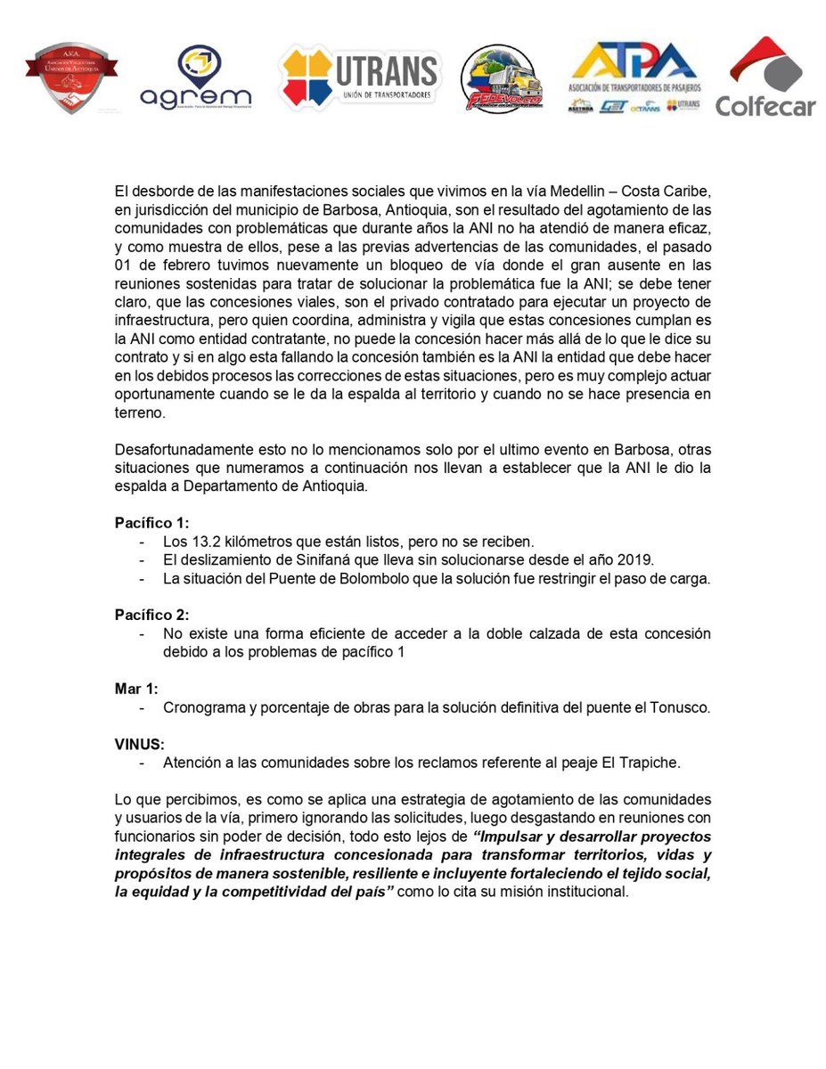 Colfecar's tweet photo. Nos sumamos a los gremios de transporte que solicitan a la @ANI_Colombia destrabar los temas administrativos que no permiten la terminación y aprovechamiento de los proyectos de infraestructura de Antioquia para el beneficio de la eficiencia en movilidad para #Colombia. https://t.co/sL83xmA14w