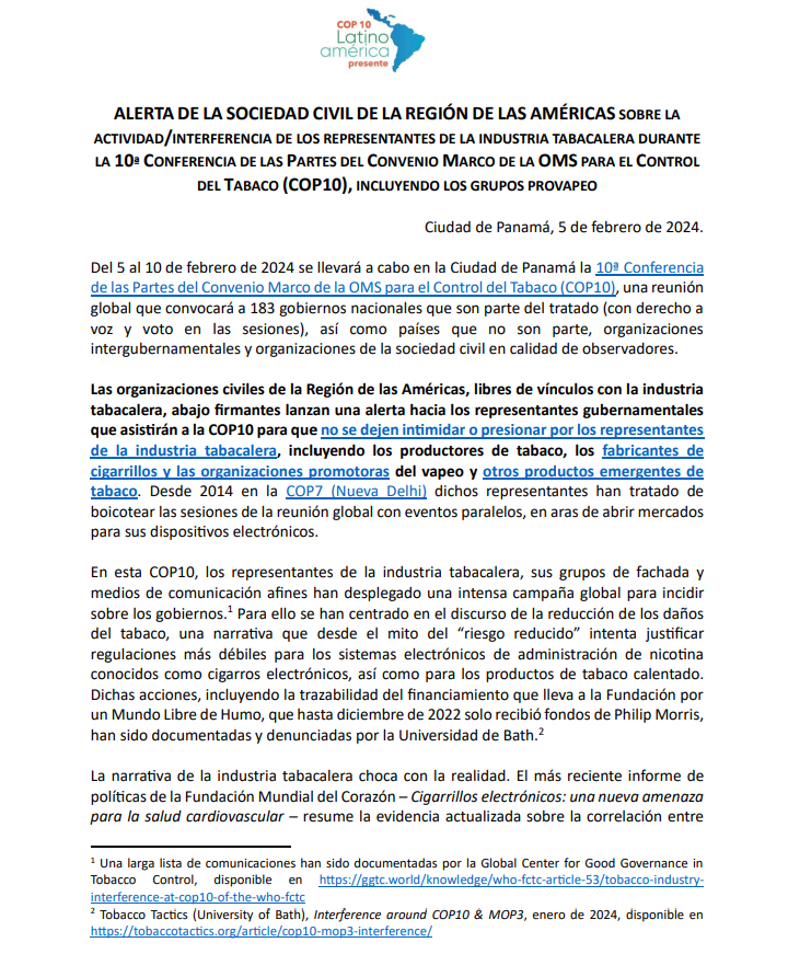 saludconlupa's tweet photo. 🚨Desde hoy hasta el 10 de febrero se realiza en Panamá la 10ª Conferencia de las Partes del Convenio Marco de OMS para #ControldelTabaco #COP10, que convoca a 183 gobiernos.
Org. civiles en la cumbre alertan riesgo de interferencia de la industria tabacalera🧵
📸@SaludJustaMX https://t.co/ldC9KTjjAT