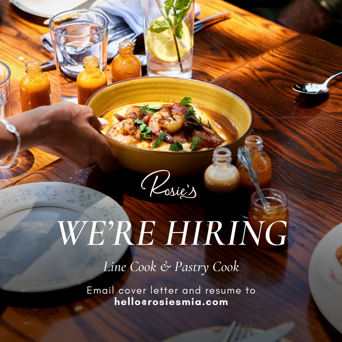 We’re hiring dedicated BOH staff in the Miami area including line cooks and pastry cooks. Join Rosie’s team in a fast-paced and homey environment serving Southern American cuisine Friday through Sunday