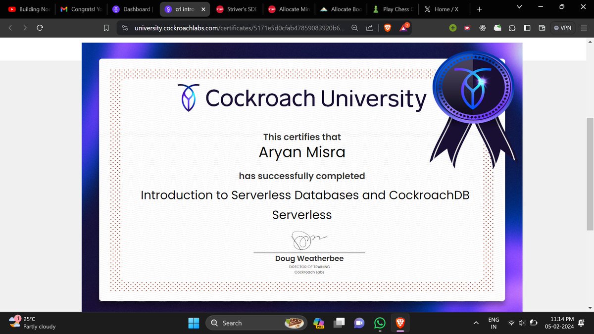 I just finished a free course on #CockroachDB at Cockroach University!. Thanks to CockroachDB for this learning experience. 
#CockroachDB <a href="/CockroachDB/">CockroachDB</a>