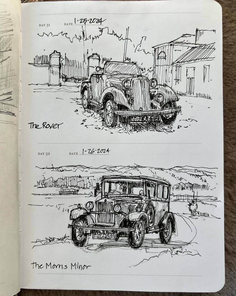 Days 31 through 40 of one sketch a day. From some antique cars seen on All Creatures Great and Small, to birding sketches and onto scenes from walks in the woods. 
.
.
.
.
.
.
#onesketchaday
#dailysketching
#pencilsketching 
#inksketch
#naturesketch
#bir… instagr.am/p/C2-X-sYx-QU/