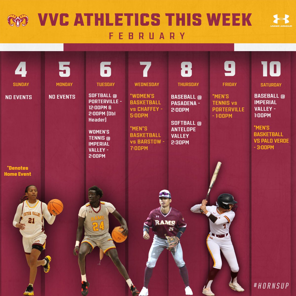 Check out what is going on in VVC Athletics this week! Stay connected with us each week as we inform you on our games and events. . . . #VVC I #Athletics I #RAMS I #vvcathletics | #GoRams I #GoVVC I #hornsup🤘