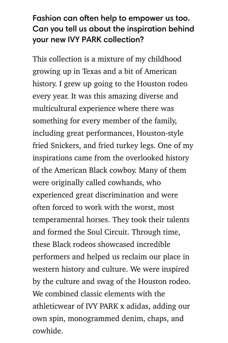 she elaborates on reclaiming the black roots of western history and culture, “the inspirations came from the overlooked history of the american black cowboy…these black rodeos showcased incredible performers and helped us reclaim our place in western history and culture.”