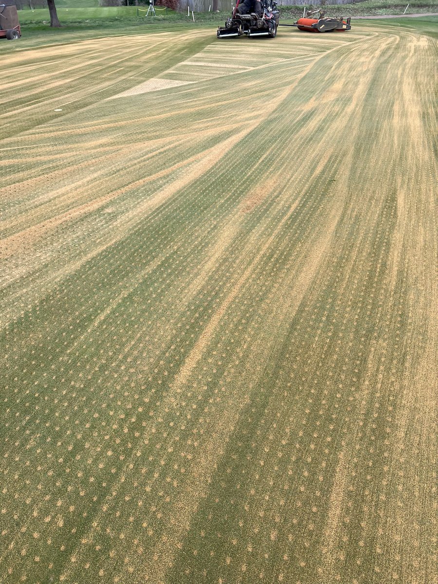 andycopeland088's tweet photo. Maintenance has started well, 1.5T of sand per green, 3/4” solid tine to 5”, 13mm solid tine to 175mm, brush and roll. Rope drainage is underway, 2 greens down 1 to do tomorrow @DjukeLtd. Big push Tuesday / Wednesday to backfill the outlets plus another mow on fairways 😅@AGWSGC https://t.co/HnDjBRQokY