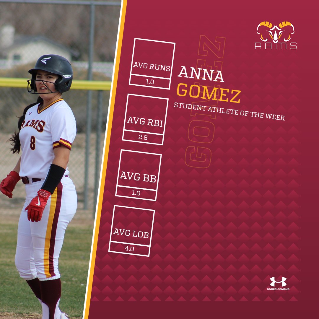 This week's SAOW is Anna Gomez. In Softball's two wins last week, Anna averaged 2.5 RBI's including a walk off base hit to win the game in the final inning against Ventura on Wednesday. Nice job Anna! . . #VVC I #Athletics I #RAMS I #vvcathletics | #GoRams I #GoVVC I #hornsup🤘