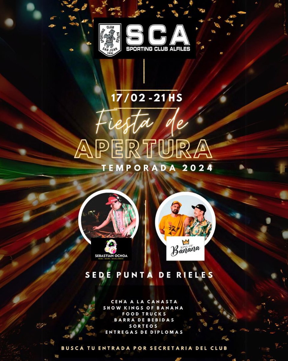 SCAlfiles's tweet photo. SE VIENE LA FIESTA DE APERTURA 🎉

El próximo sábado 17/2 vamos a festejar carnaval y darle la bienvenida a lo que será la temporada 2024.

Podes conseguir tu entrada por secretaría del club. Las pulseras ya compradas para la fiesta de diciembre que se reprogramó tendrán validez. https://t.co/ByZ66WPlYQ