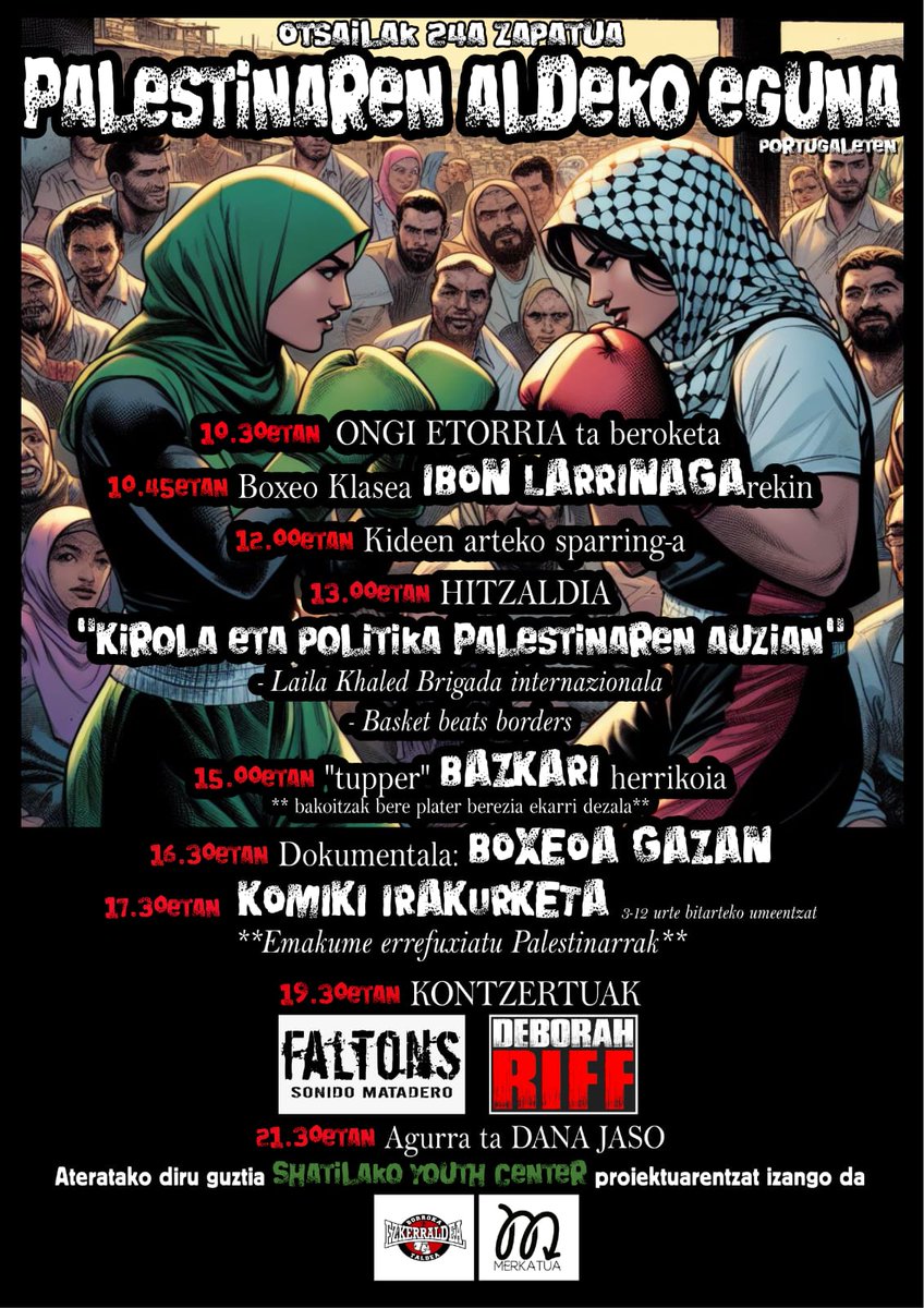 Deborah_Riff's tweet photo. Ya tenemos próxima descarga y por una buena causa! Apúntate el 24F! #faltons #portugalete #concierto #palestinarenaldekoeguna #boxeo #merkatu https://t.co/APdTtkWNho