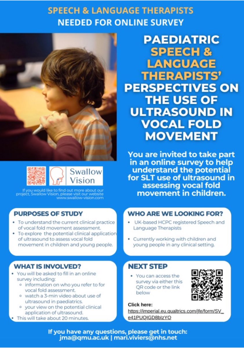 📢Calling all UK 🇬🇧 Paediatric Speech & Language Therapists📢 📝please share your thoughts on the potential use of ultrasound to assess vocal fold movement. Click here: imperial.eu.qualtrics.com/jfe/form/SV_e4… @UKSRG @SltUltrasound @RCSLTResearch @UpperAirwayCEN @LondonPDCEN @DrJoanMa1 @SLTLoulou