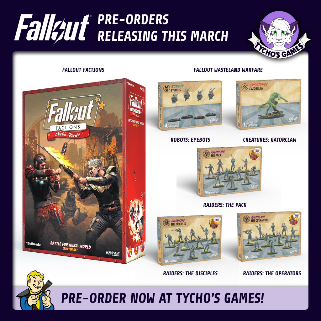 Pre Order Now!

Fallout Factions is coming as new Nukaworld themed expansions to Wasteland Warfare, with both a starter set, raider gangs and creatures coming soon.

Check them out here: tychosgames.com/collections/fa…

#FalloutFactions #Fallout #wargames #miniaturepainting