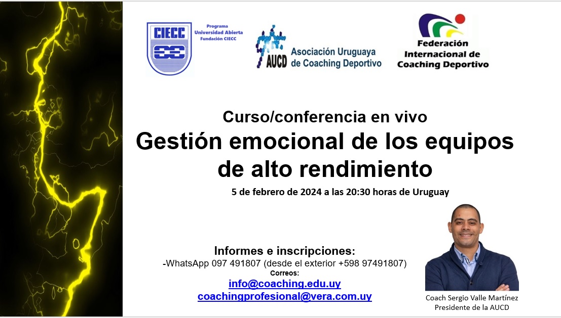 Detalles e inscripciones: WhatsApp +598 97491807
También por el correo info@coaching.edu.uy
Además, podés registrarte en: forms.gle/fmsYuHQmJtXvxp…
El evento cuenta con el apoyo de la Federación Internacional de Coaching Deportivo (FICD)