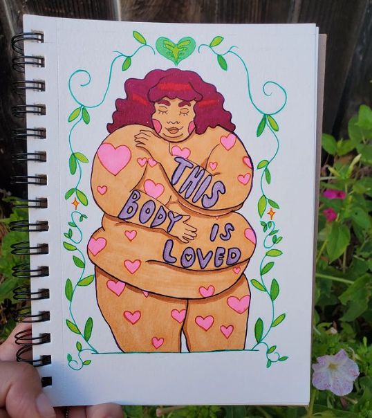 RP: kristine / IpsoFatso. Art on IG
💚 this body is my home 💚

ID: a beautiful fat nude person w/ red hair &amp; pink hearts all over their skin, wrapping their arms around themselves in loving care. Vines surround them &amp; purple text overlaid on their body reads: This body is loved.