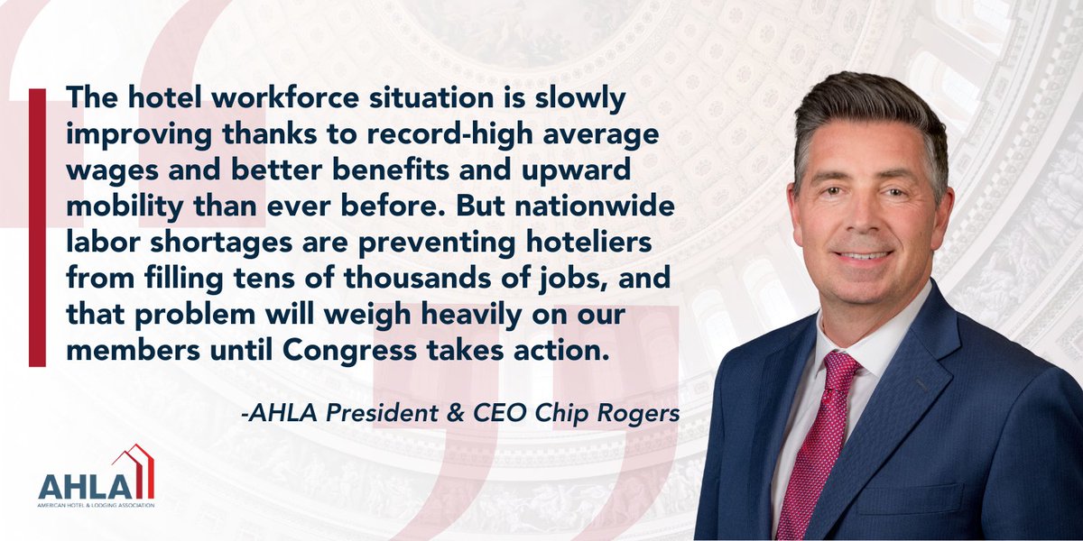 ChipAHLA's tweet photo. According to AHLA's survey of 408 hoteliers:
💲 82% have increased wages
⏲️ 59% are offering greater flexibility with hours
⬆️ 33% are expanding benefits

However, 72% say they're still unable to fill open positions. We urge lawmakers to address this urgent issue by creating an H-2B returning worker exemption, passing the Asylum Seeker Work Authorization Act, and passing the H-2 Improvements to Relieve Employers (HIRE) Act.

📰 Read more results from our Front Desk Feedback Survey: https://t.co/HZxGs0engd