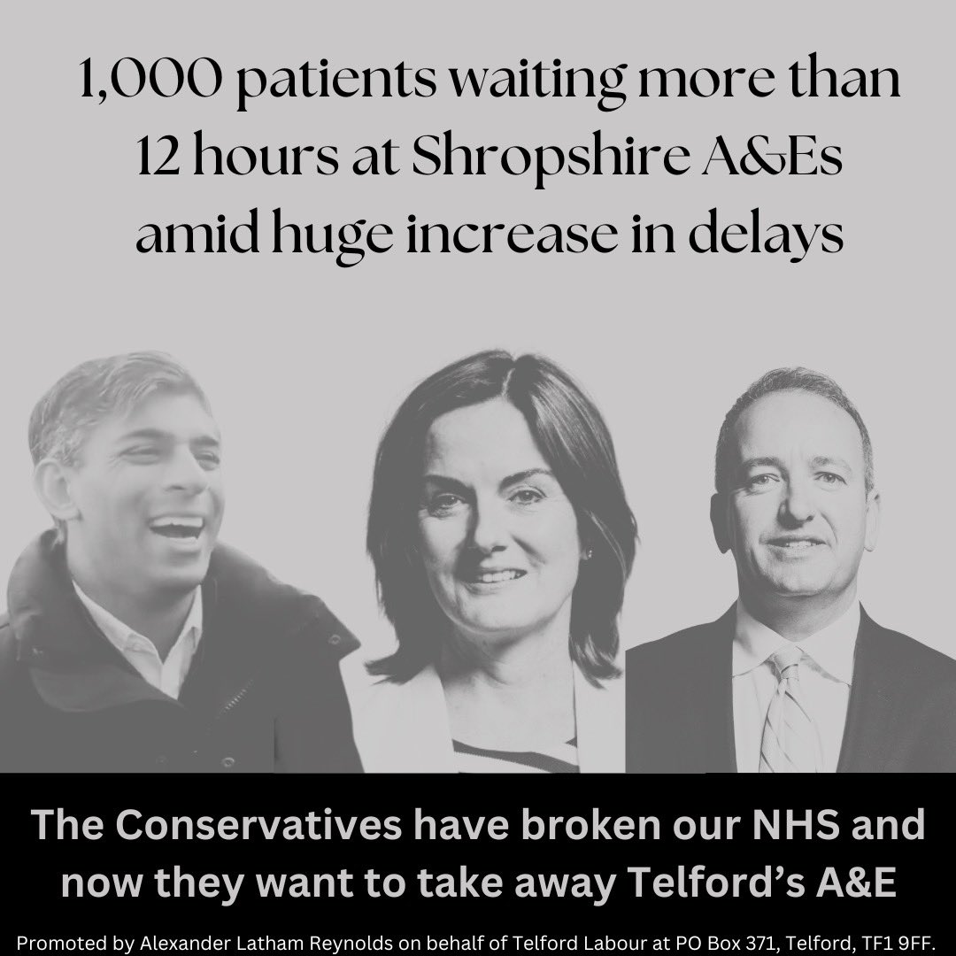 The Conservatives have broken our NHS and now they want to take away Telford’s A&E. Only Labour in Telford will fight to keep our A&E open & you can sign our petition here: tinyurl.com/saveourprh See the full article on A&E wait times in our comments ⬇️