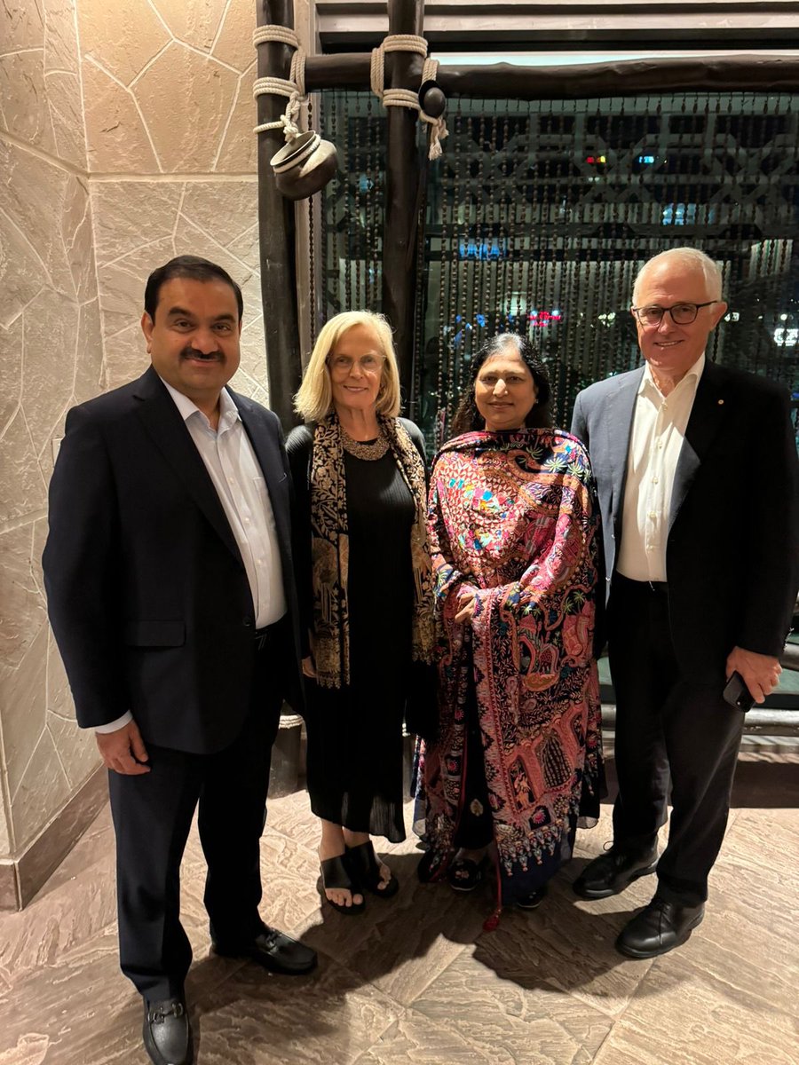 gautam_adani's tweet photo. It was a privilege to welcome Hon Mr Malcolm Turnbull, former Prime Minister of Australia, and Ms Lucy Turnbull. Delighted that he made time to visit Khavda, where the Adani Group is building the world's largest 30 GW Hybrid Renewables Park, spanning 750 square kilometres. Every engagement with Mr Turnbull is enriching, thought-provoking and educational. His commitment to energy equitability and balanced environmental stewardship is truly inspiring! @TurnbullMalcolm