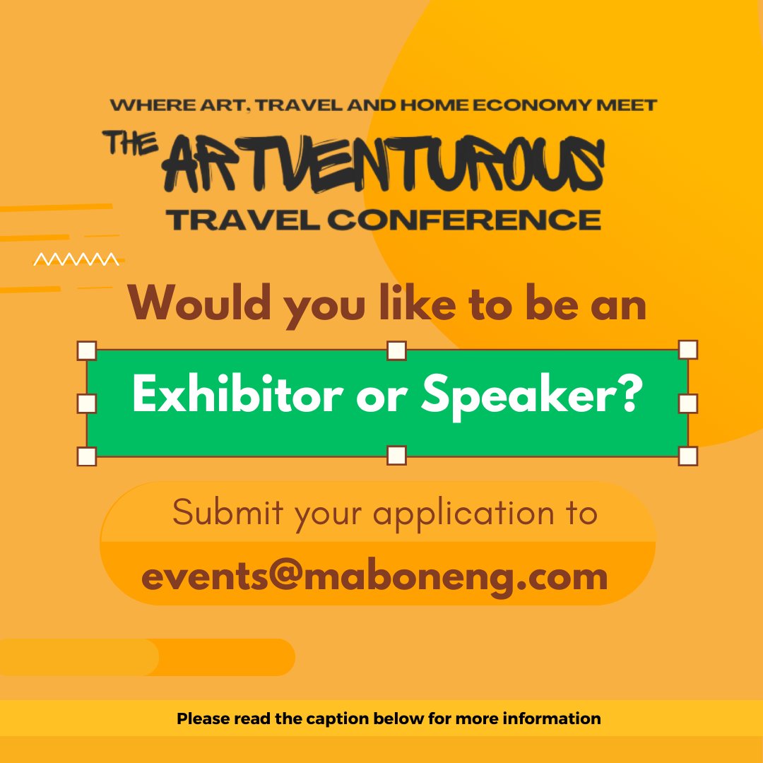 We are looking for innovators and exhibitors to be a part of the ArtVenturous Travel Conference 2024 taking place this May! Send an email with relevant info to events@maboneng.com with either “Speaker - Artventurous” or “Exhibitor - ArtVenturous” in the subject line.