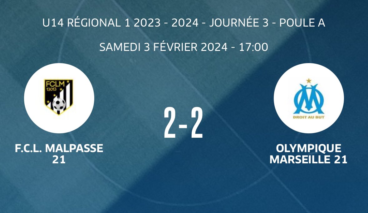 treize013's tweet photo. ℹ️ Les U14 de l’#OM ont fait match nul sur le score de 2-2 face au #FCLM pour le compte de la journée 3 de la phase 2 du Championnat U14 Régional.
#TeamOM 🔵⚪️ https://t.co/CsUJrUTEWz