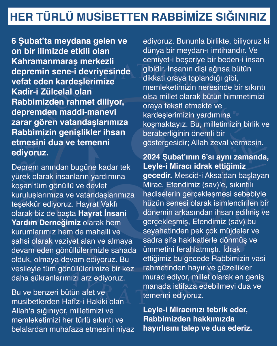Her Türlü Musibetten Rabbimize Sığınırız

6 Şubat’ta meydana gelen ve on bir ilimizde etkili olan Kahramanmaraş merkezli depremin sene-i devriyesinde vefat eden kardeşlerimize Kadîr-i Zülcelal olan Rabbimizden rahmet diliyoruz.

hayratvakfi.org/her-turlu-musi…