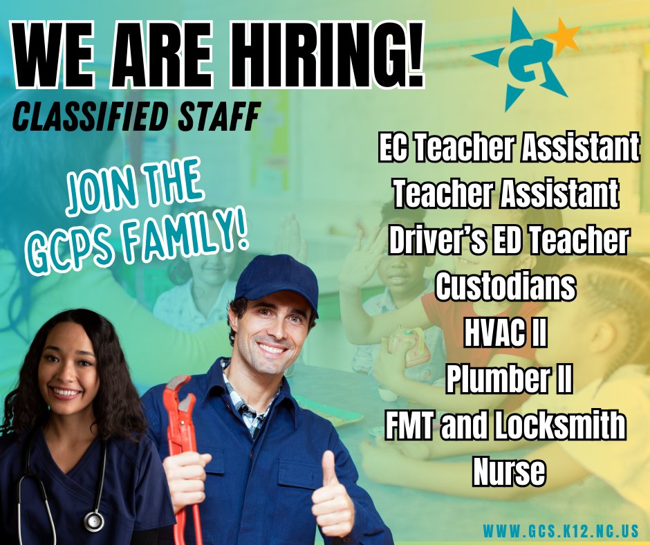 GranvilleTechPD's tweet photo. Come join the GCPS family! We are hiring classified staff! Check out our website to see all of our openings!! - https://t.co/VA27VZM9SY #GCPSFocusForward #GCPSfamily ⭐ ⭐ ⭐ 

 #GCPSJobs #NowHiring  #SchoolJobs #JobSearch #CareerOpportunity #EmploymentOpportunity #JoinOurTeam https://t.co/UnfbD50MjX
