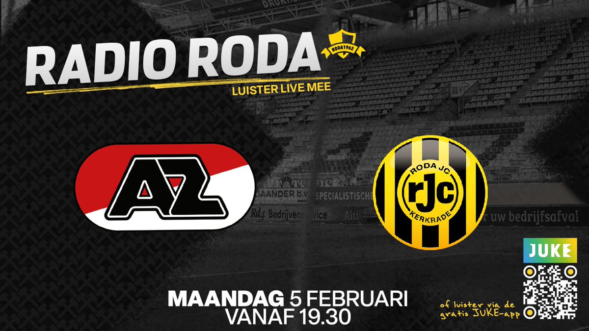 𝑹𝑨𝑫𝑰𝑶 𝑹𝑶𝑫𝑨 🎧

Vanavond niet in de gelegenheid om naar Jong AZ - Roda JC te gaan? Luister vanaf 19.30 uur live mee met 𝗥𝗮𝗱𝗶𝗼 𝗥𝗼𝗱𝗮 via JUKE! ⤵️

📻 rodajc.nl/radio

🗣 Vanaf 19.30 uur live met de voorbeschouwing.

#RodaJC #RadioRoda #KoraalMedia #JUKE