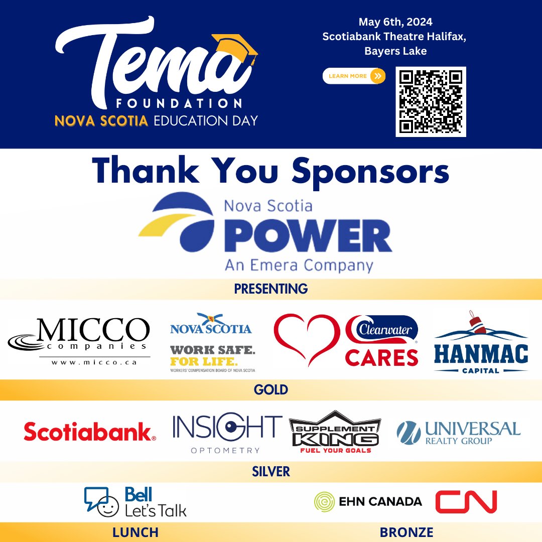 Registration is now open for #NovaScotiaEducationDay presented by #NovaScotiaPower. This event sells out every year and sells out fast, do not delay and register now tema.foundation/education-day-…
Thank you to our event sponsors! #mentalhealtheducation #makingmentalhealthhealthier