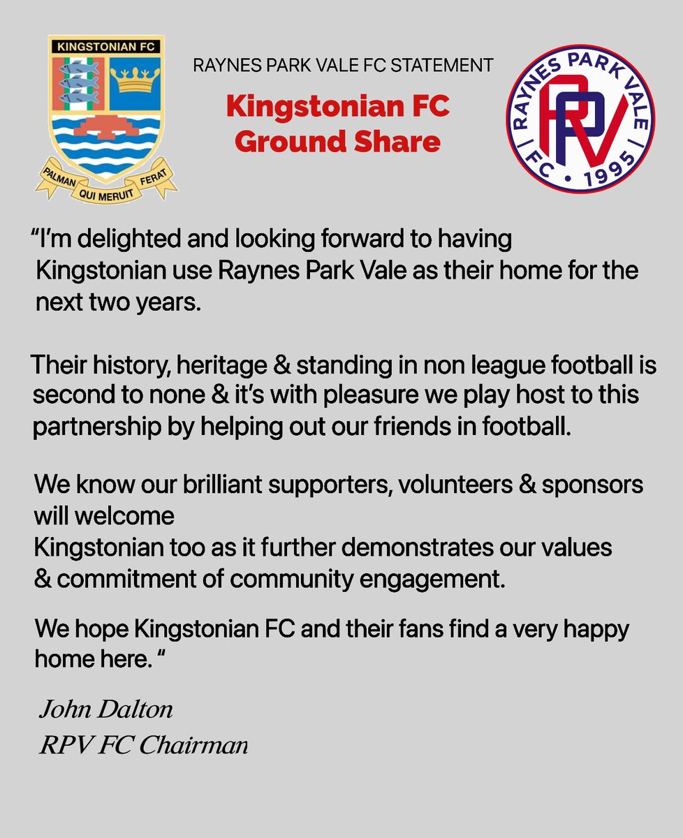 🔵🔴 Ground Share Statement from RPV Chairman John Dalton.
<a href="/KingstonianFC/">Kingstonian FC</a> <a href="/KingstonianSC/">Kingstonian Supporters' Club</a>