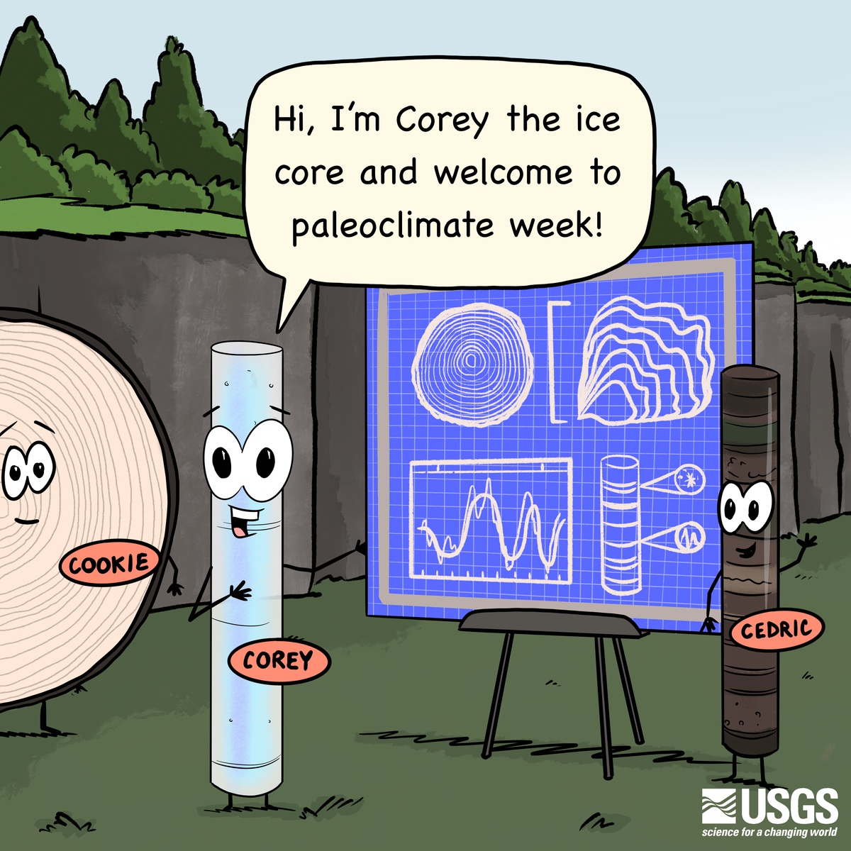 usgs_climate's tweet photo. The Paleo Pals are excited to welcome you to paleoclimate week!

This week we’ll explore what sediment cores, ice cores, &amp; tree-rings are &amp; how they help paleoclimate scientists get their work done! 

Learn more about paleoclimate research here: https://t.co/LSTmXjqbPZ https://t.co/qsA0JxxTd5