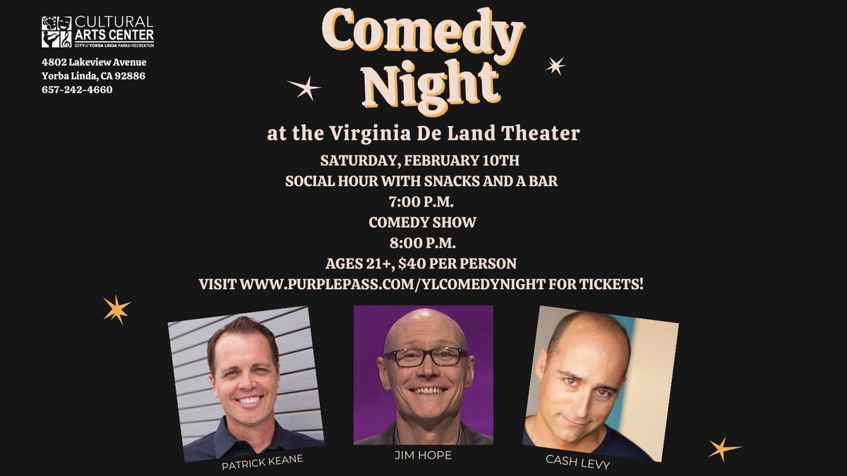 Get ready for Comedy Night at the Yorba Linda Cultural Arts Center on 2/10 from 7:00 to 10:00 p.m. 🎙️ This event will feature a social hour with snacks and drinks. Secure your tickets at purplepass.com/YLComedyNight.…. This event is for adults 21+ and each ticket is $40 per person.