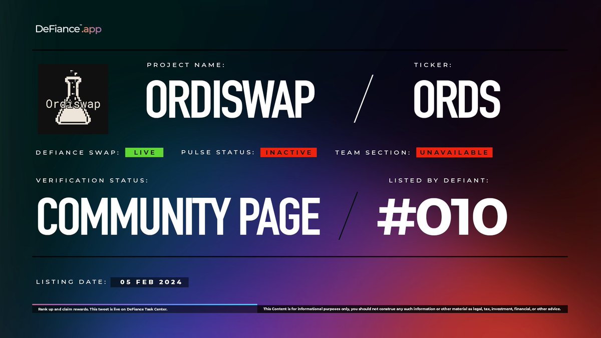 .@OrdiswapLabs community page is now live on DeFiance.app/project/Ordisw…. $ORDS is now listed on #DeFianceSwap. Ordiswap is a groundbreaking protocol set to redefine liquidity dynamics on Bitcoin's native layer through the innovative fusion of the BRC-20 standard and Ordinals.…