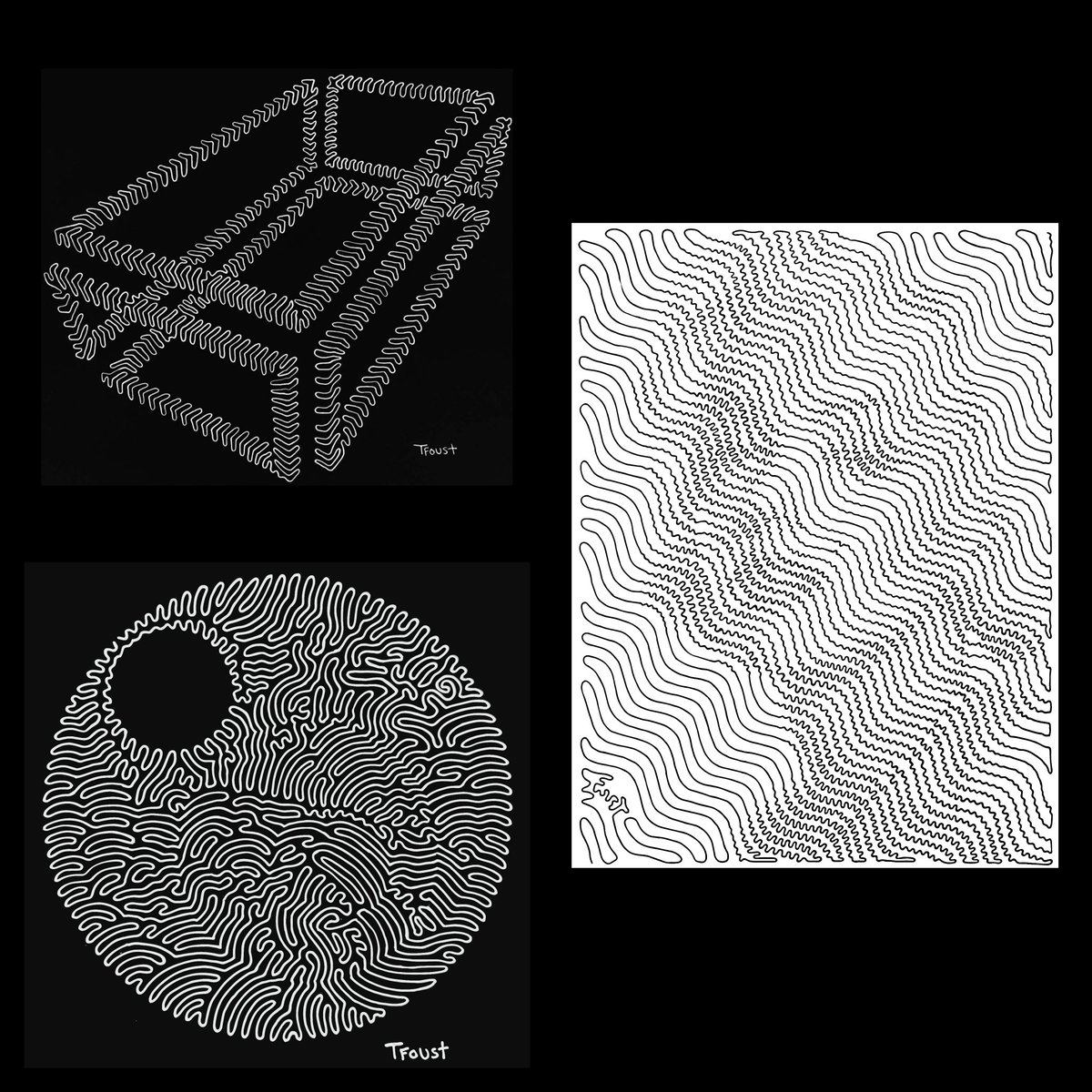 TylerFoust13's tweet image. My style is a mix of line art and OP art. I gravitate towards non-intersecting single line pieces. I enjoy creating a sense of illusion.