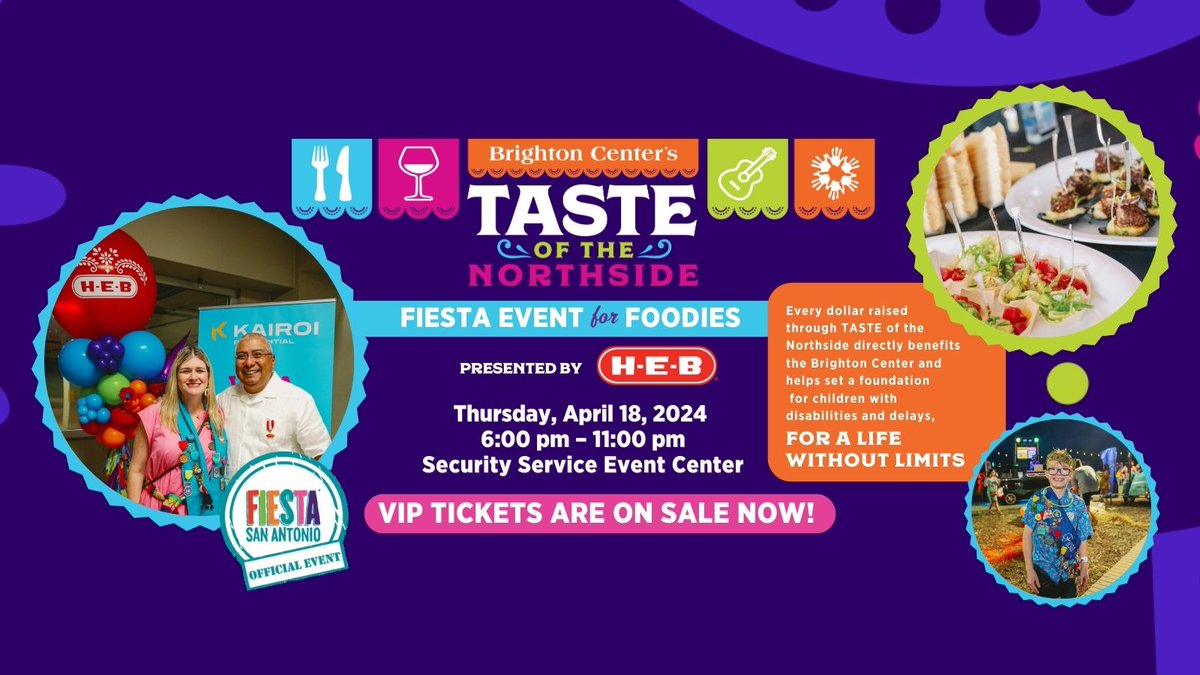 Get your tickets now with PROMO Code: FIESTA20 at eventbrite.com/e/773270632277… and help make a difference in the lives of children with disabilities and delays.
#TASTEoftheNorthside #Brighton #SanAntonio