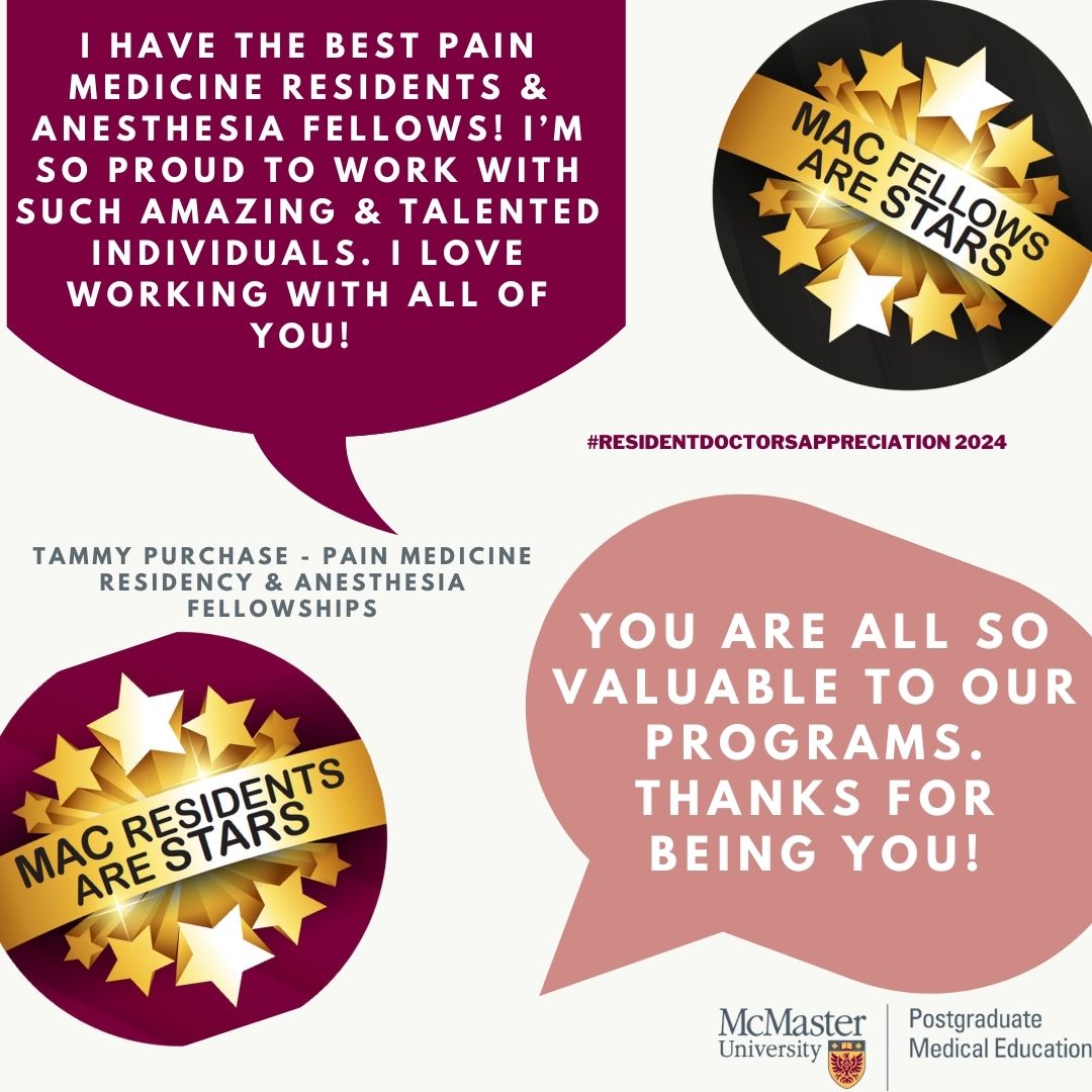 Resident Appreciation Week Day 3:⁠
It's true! McMaster has the best residents and clinical fellows out there!! 🥳⁠
⁠
Our community is lucky to have such a dedicated group of medical professionals. We appreciate all that you do!🤗 #Residentdoctorsappreciation2024