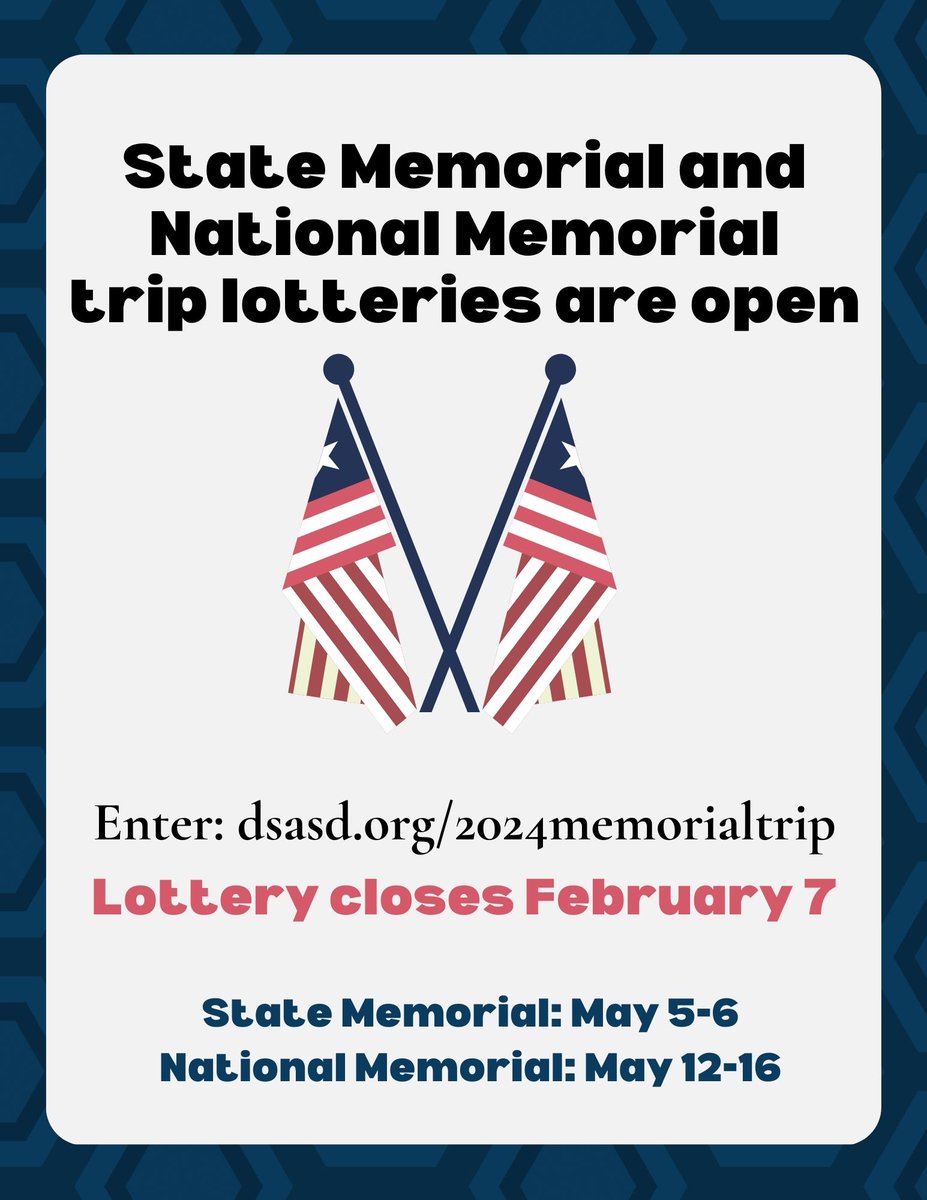 LAST CHANCE! The lotteries close on Wednesday and the drawings will be on Thursday. All Class 1 Active members are eligible to submit their name into the lottery for ONE of these trips. Enter here: dsasd.org/2024memorialtr…