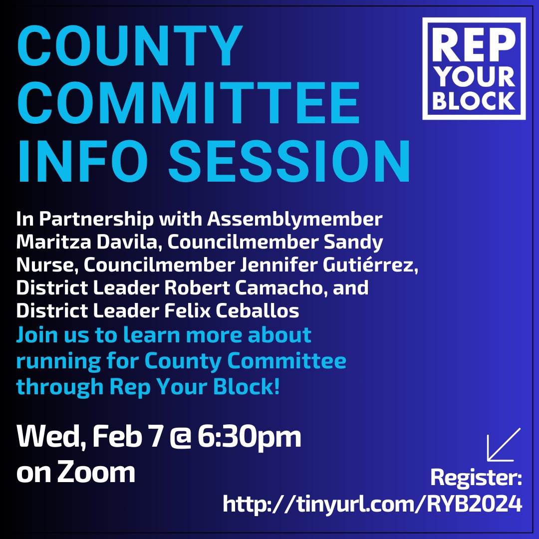 RepYourBlock's tweet photo. One of the great things about being on County Committee is meeting and working with elected officials at all levels!

Join us for an Info Session with @DavilaAssembly, @SandyforCouncil, @JenGutierrezNYC, @ceballosforbk, and Robert Camacho. RSVP here: https://t.co/F9yHym4J1y https://t.co/ysKMZkWmQr