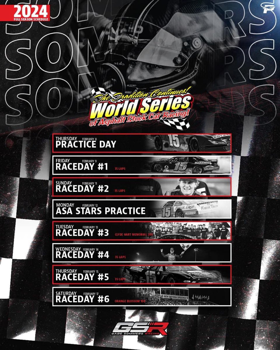 𝐖𝐨𝐫𝐥𝐝 𝐒𝐞𝐫𝐢𝐞𝐬 𝐒𝐜𝐡𝐞𝐝𝐮𝐥𝐞

In just three more days, the GSR No. 15 will hit the pavement at New Smyrna! Six days of racing and two practice days pepper our ten day tenure in Florida, tune in on both FloRacing and TrackTV.com to catch all of the action!