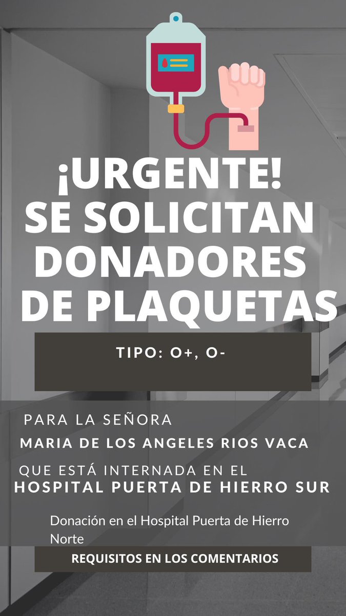 Trafico_ZMG's tweet photo. Se solicitan donadores de plaquetas O+ , O- para la señora María de los Ángeles Ríos Vaca, quien se encuentra hospitalizada en el hospital Puerta de Hierro Sur 

#ServicioSocial https://t.co/jVpLtlTowa