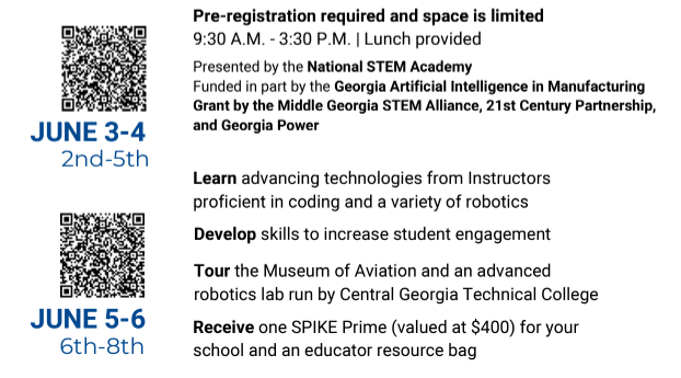 drmichelledavis's tweet photo. For teachers in the Middle Georgia Area, a 2 Day Robotics Institute for educators will be held at the Museum of Aviation in June. See the images for more details!  
#STEMeducation #Robotics @21stCPMiddleGA 
#MuseumofAviation https://t.co/agEBvyC86v