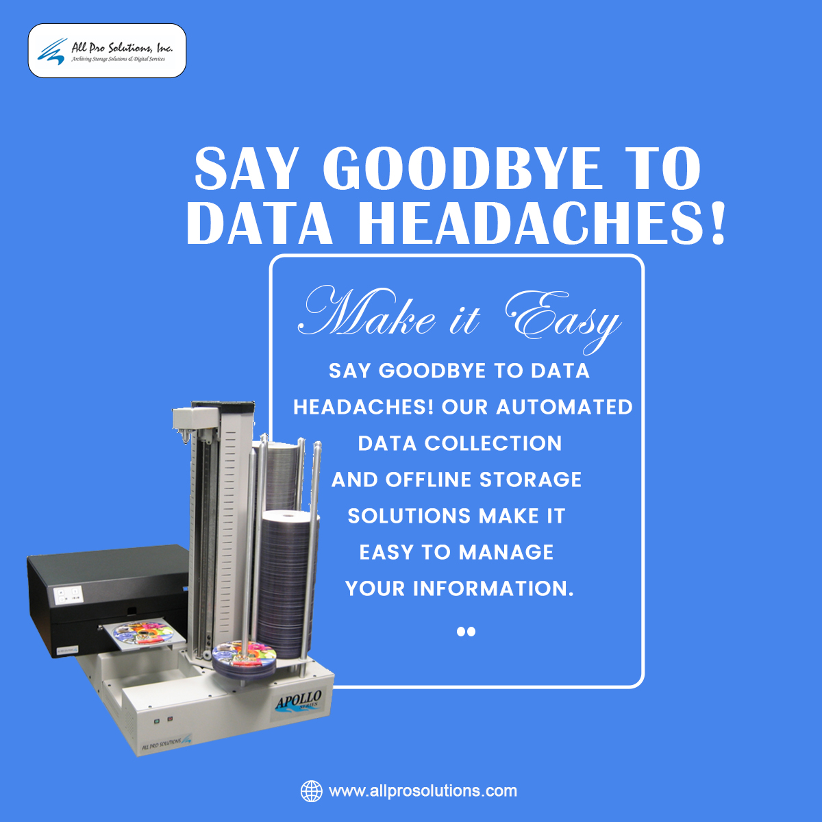 AllProSolutions's tweet photo. Say goodbye to data headaches! Our automated data collection and offline storage solutions make it easy to manage your information.

Visit Us: https://t.co/QwN4sL3bl6

#dataarchiving #datastorage #offlinedatastorage #colddatastorage #secureddatastorage #databackup https://t.co/W8RGAOmjHM