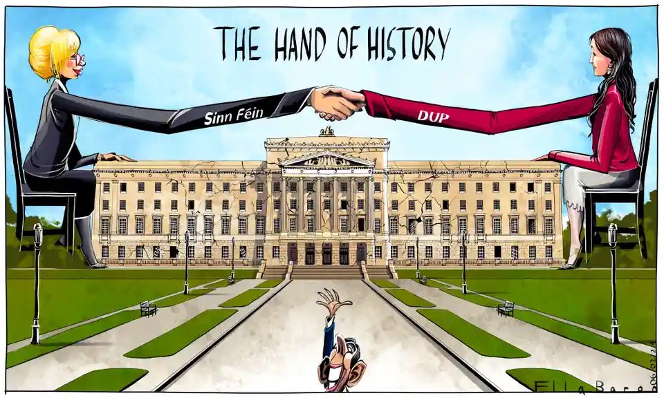Cartoon4sale's tweet photo. Ella Baron on the reopening of the #NorthernIrelandAssembly #MichelleONeill #Stormont –  political cartoon gallery in London https://t.co/dePcTdnXF6 https://t.co/z2M9SiHfjW