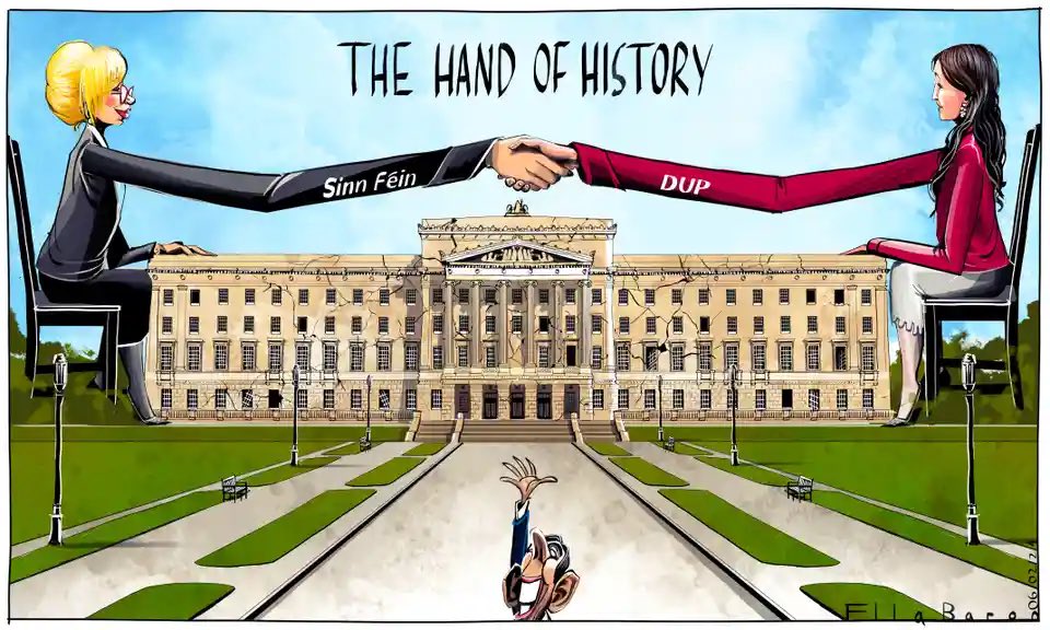 Ella Baron on the reopening of the #NorthernIrelandAssembly #MichelleONeill #Stormont –  political cartoon gallery in London original-political-cartoon.com